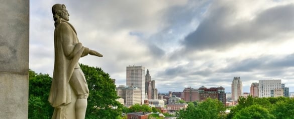 A statue of Roger Williams overlooking Providence, R.I.